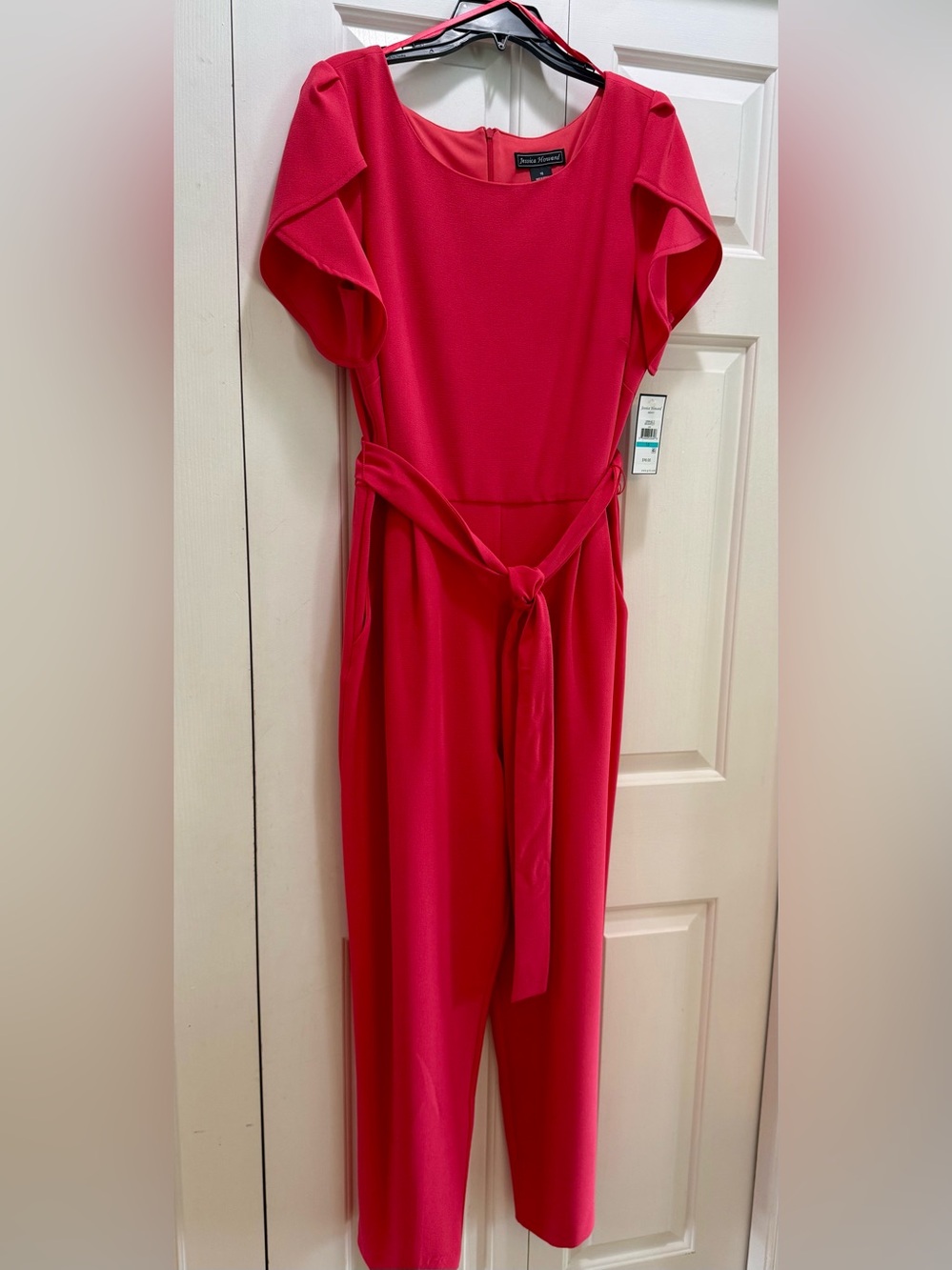 Jessica Howard Coral Pink Short-Sleeve Jumpsuit with Waist Tie